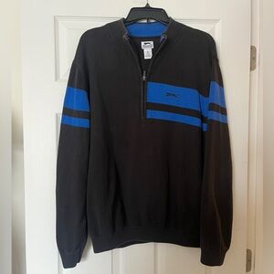 Slazenger XL Quarter Zip Pullover | Black Faded Cotton Sweatshirt w Blue Stripes